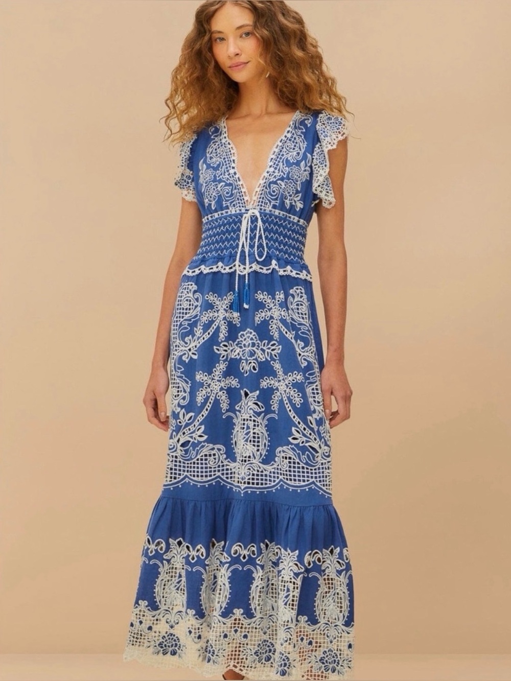 FARM RIO Blue Maxi Dress with White Crochet Embroidery Large NWT